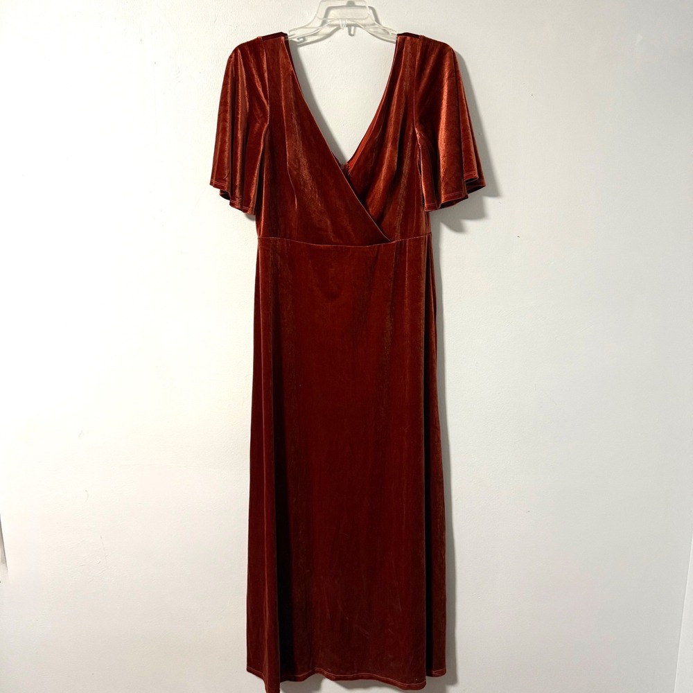 Ever‎ Pretty Rust Velvet Maxi Dress Gown V-Neck Flutter Sleeve Womens 20